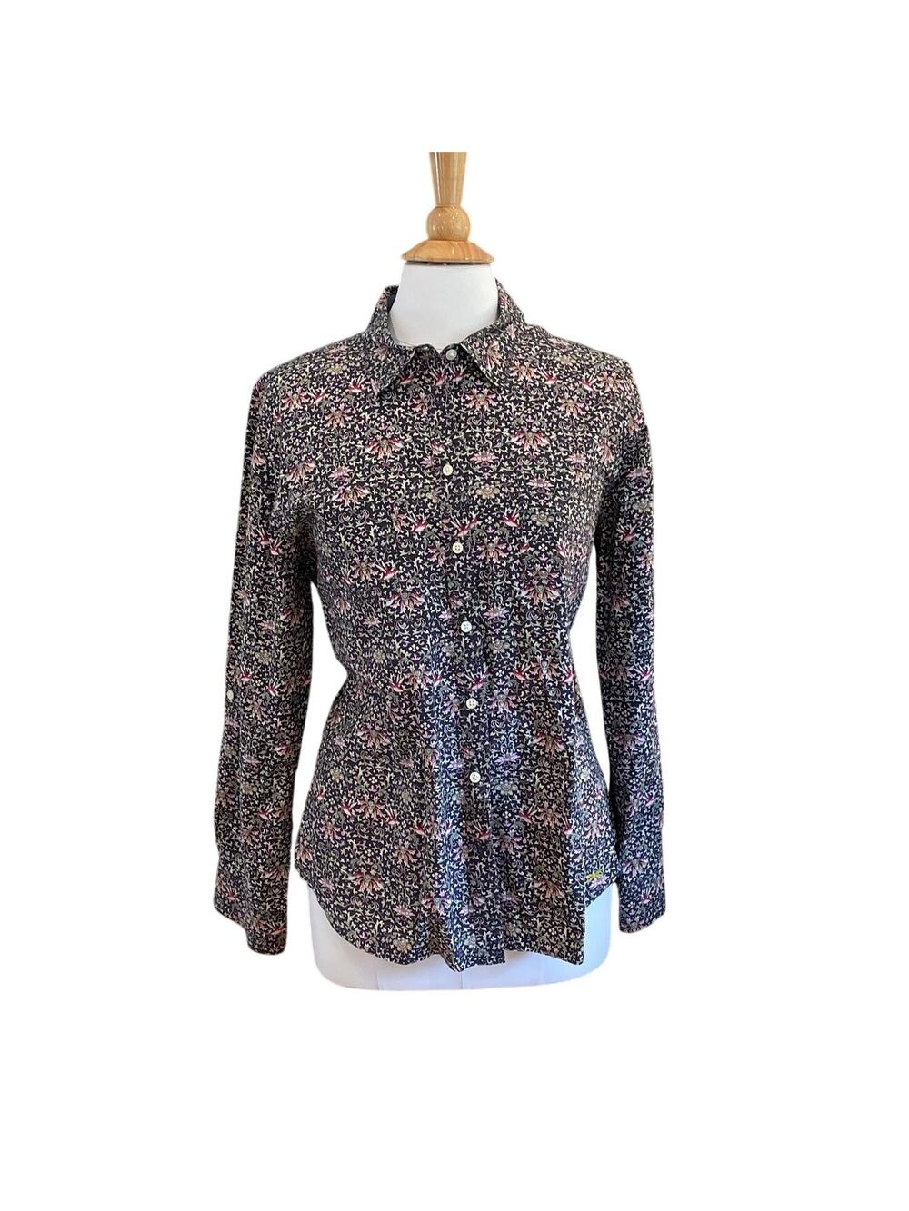 Talbots Cotton Button Down Shirt, Allover Floral Hummingbird Print, Size 16